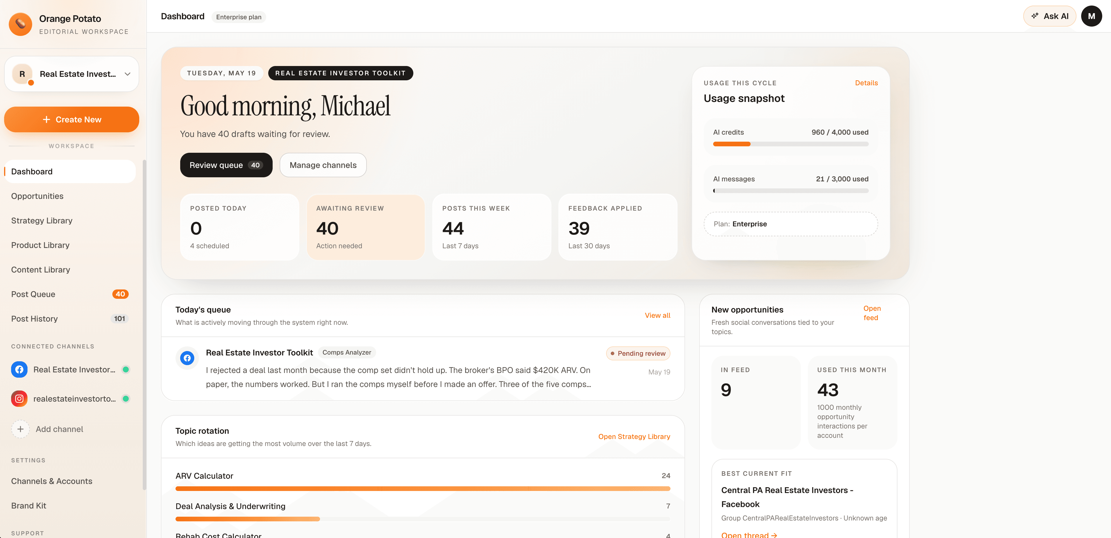 Orange Potato dashboard showing review queue metrics, usage snapshot, and topic rotation.