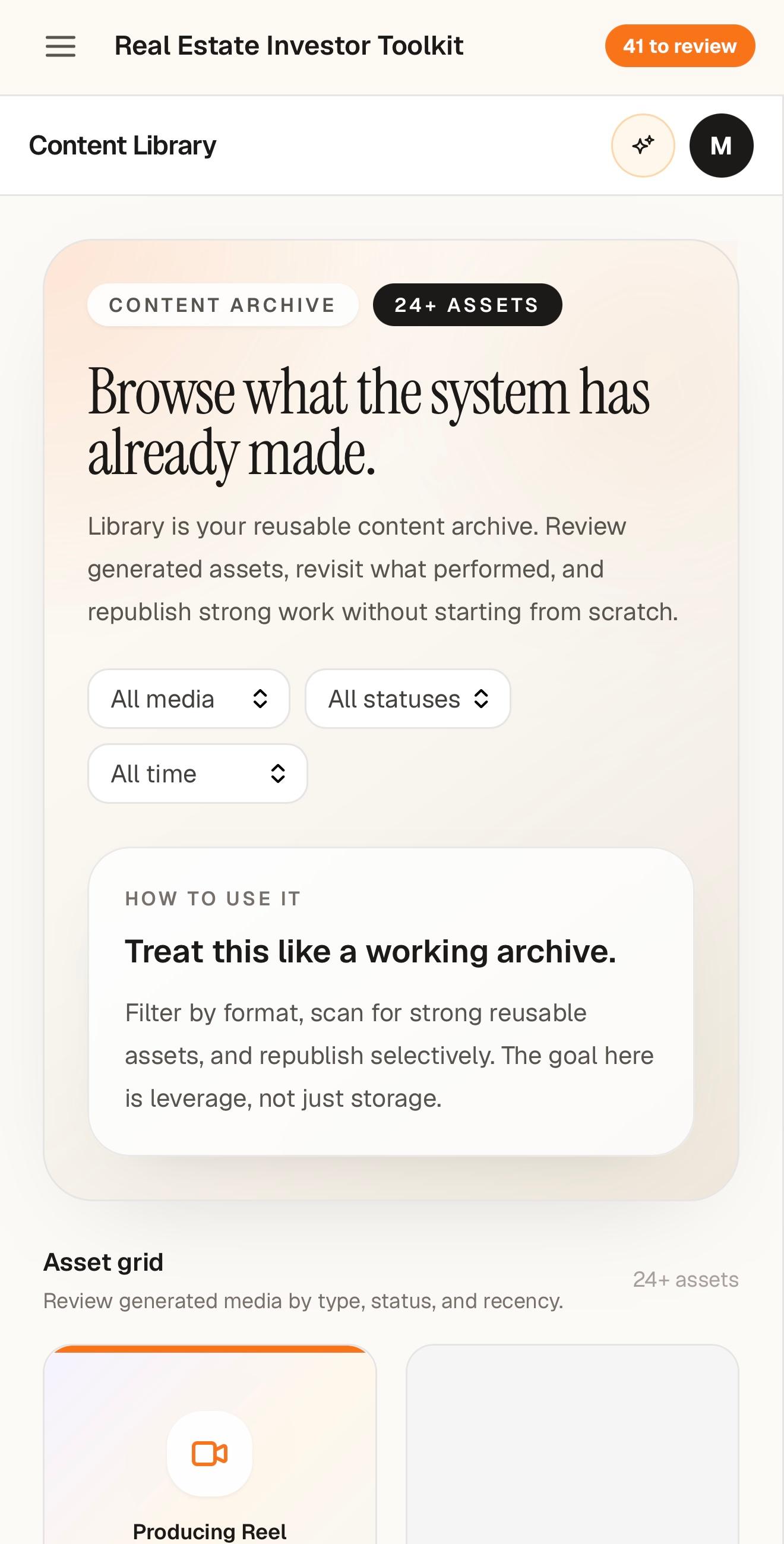 Orange Potato mobile content library showing the content archive and reusable asset filters.