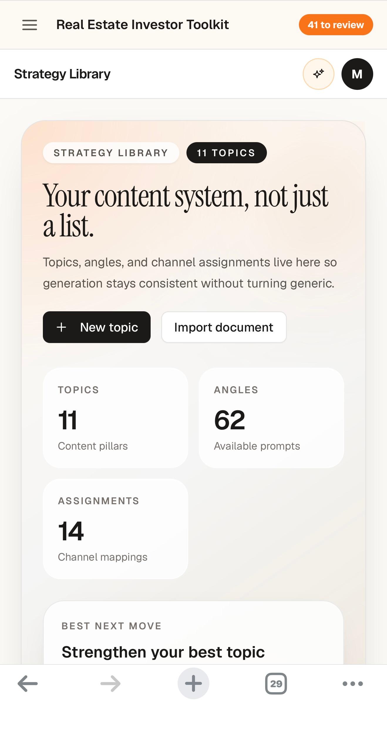 Orange Potato mobile strategy library showing topic counts, angles, and next-move guidance.